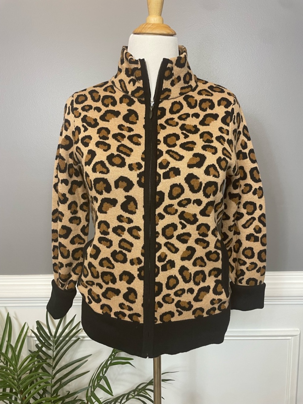 Rachel Zoe Leopard Zip-Up Cowl Sweater - Tan & Black - Picture 2 of 5